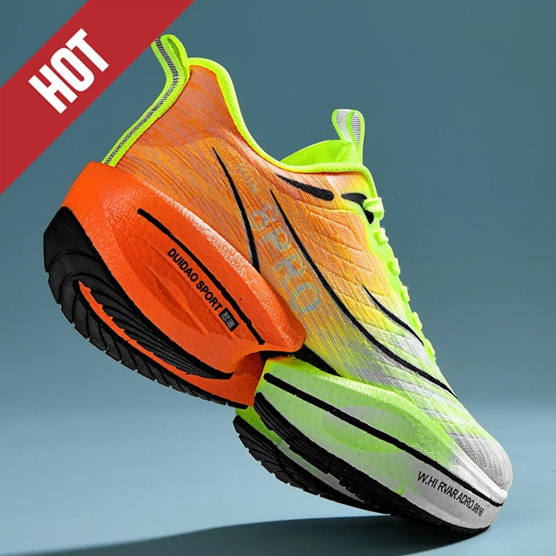 Orange and green running shoe with 'Duk Dad Sport' branding on a blue background