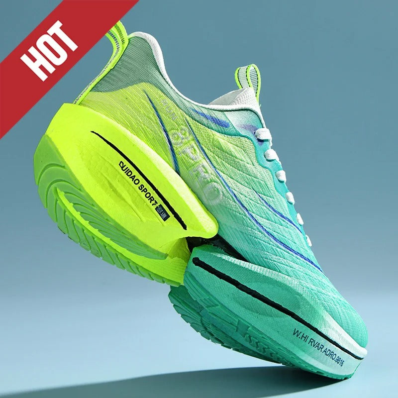 Green and yellow athletic shoe with 'HOT' label on a blue background