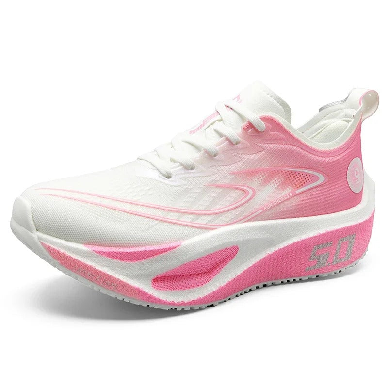 Pink and white running shoe on a white background