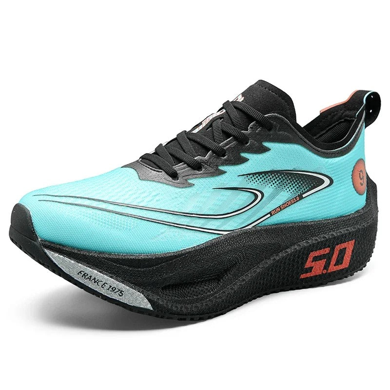 Turquoise running shoe with black and gray accents on a white background