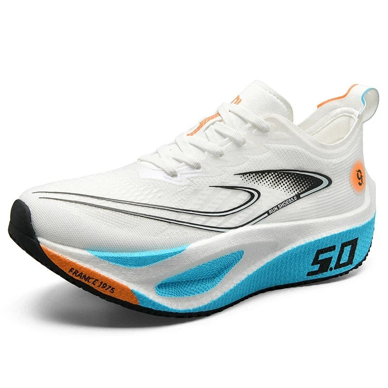 White running shoe with blue sole on a white background