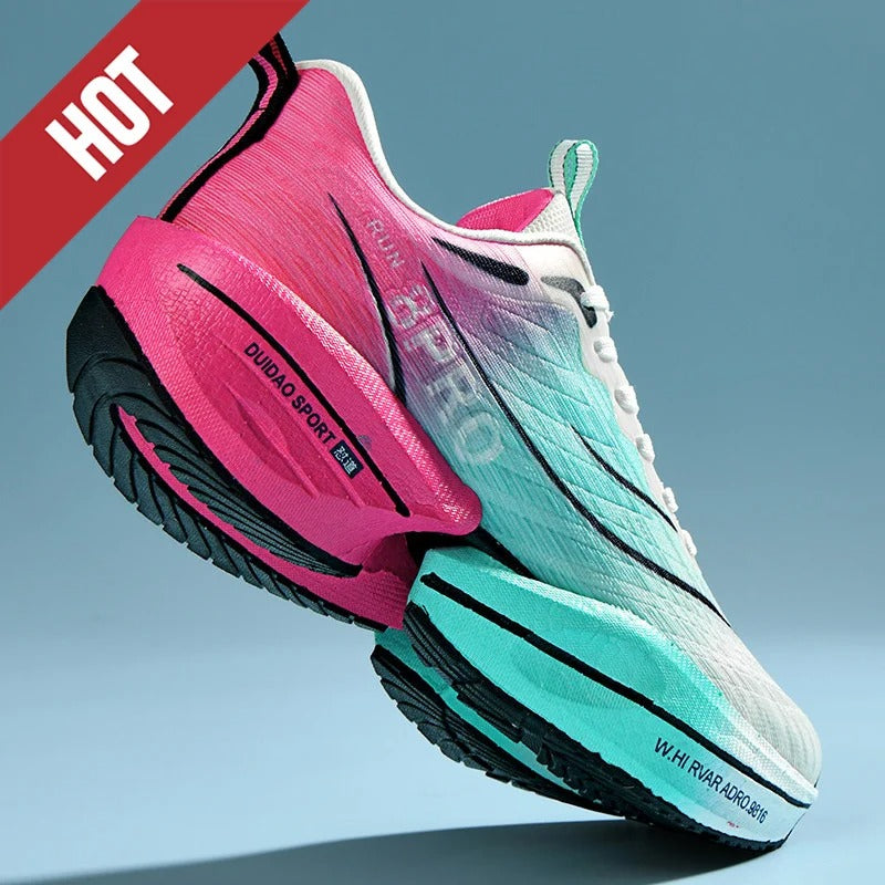 Pink and teal running shoe with 'HOT' label on a blue background